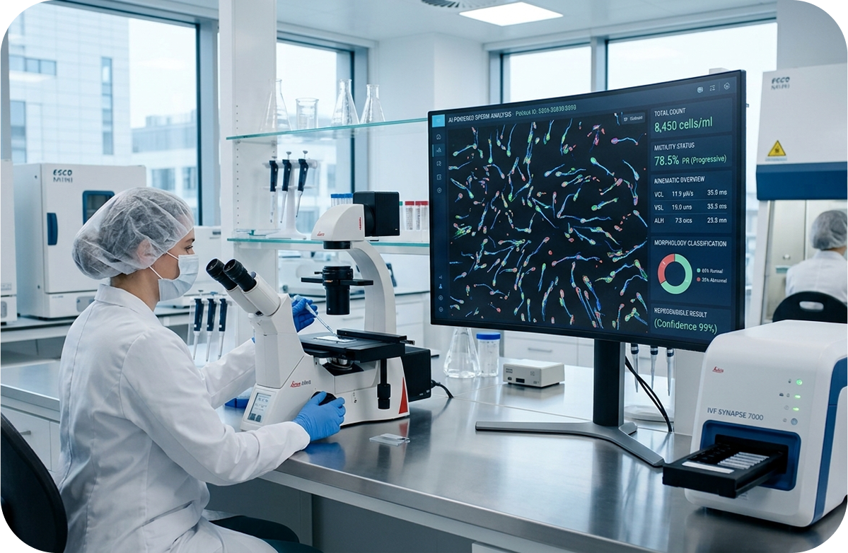 Lab technician performing AI-based sperm analysis